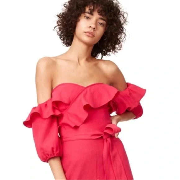 Club Monaco women’s bright pink size 2 off shoulder ruffle top jumpsuit - Picture 2 of 8